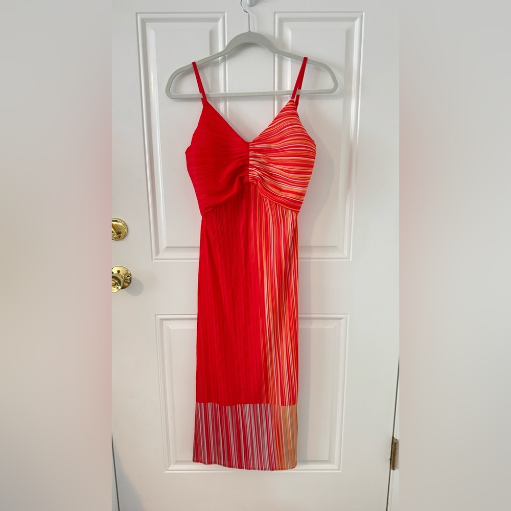 Ming Wang Red and Orange Pleated Midi Dress Size XS NWT